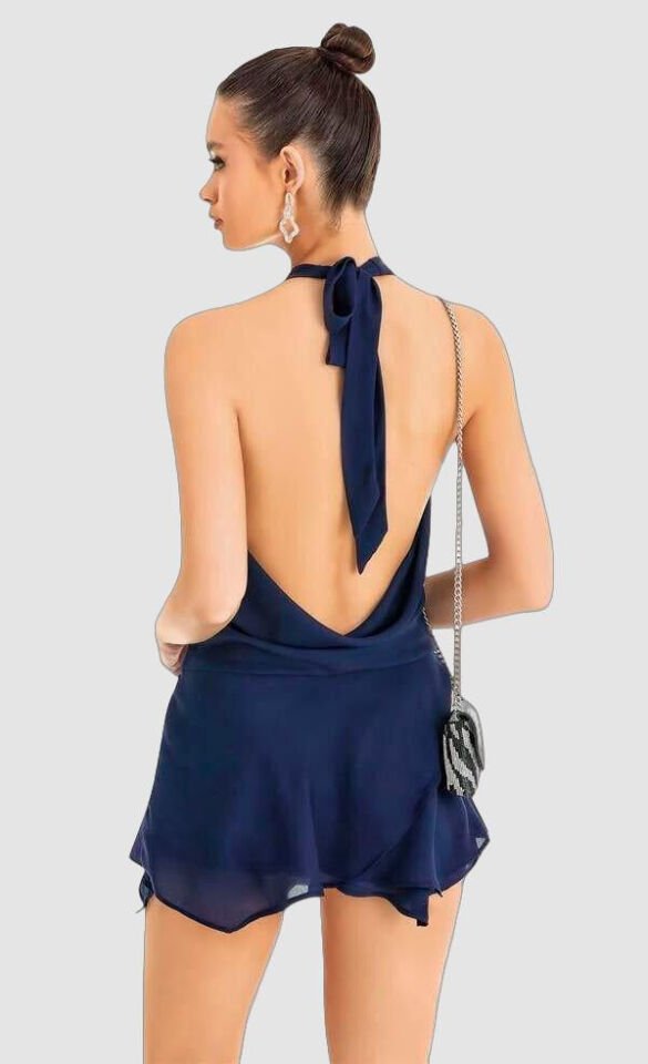 Lacivert Sırt ve Göğüs Dekolteli Fantezi Mini Elbise