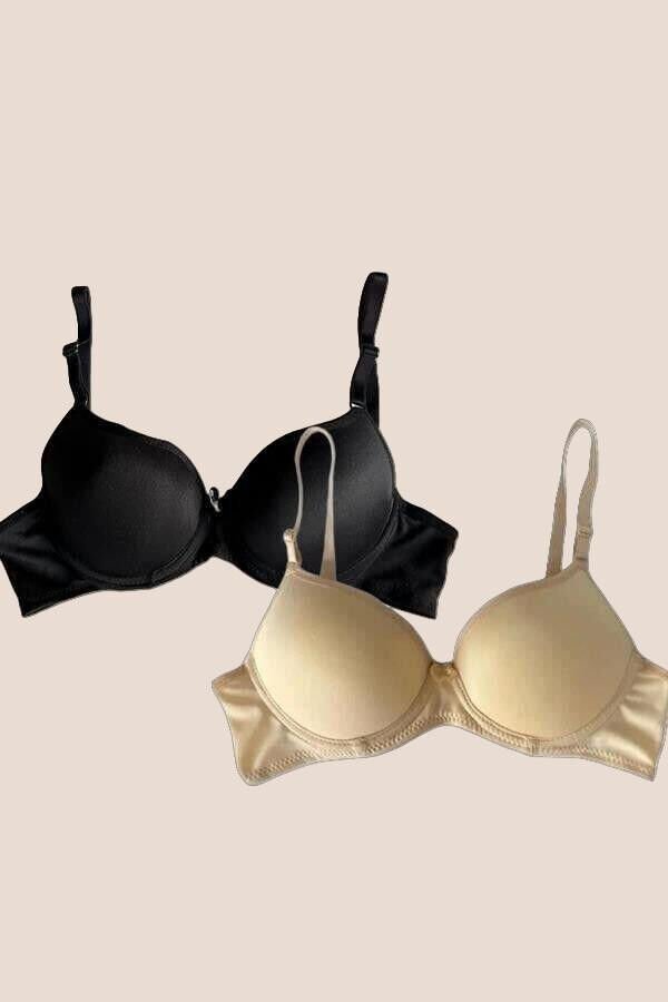 Arias Closet Siyah-Ten 2'li Mikro Kumaş Push Up Dolgulu Balenli Günlük Destekli Sütyen