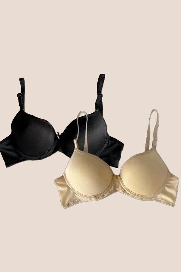 Arias Closet Siyah-Ten 2'li Mikro Kumaş Push Up Dolgulu Balenli Günlük Destekli Sütyen