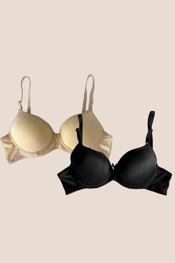 Arias Closet Siyah-Ten 2'li Mikro Kumaş Push Up Dolgulu Balenli Günlük Destekli Sütyen