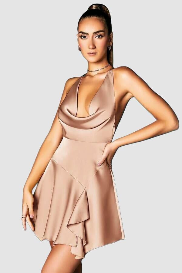 Arias Closet Somon Askılı Degajeli Fantezi Mini Elbise