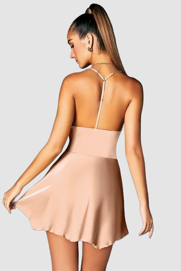 Somon Askılı Degajeli Fantezi Mini Elbise