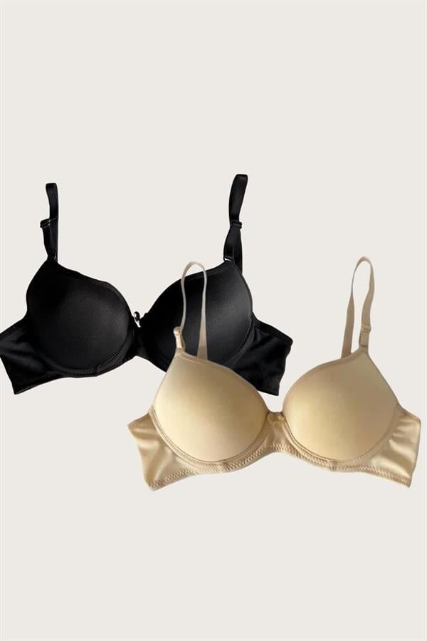 Arias Closet Siyah-Ten 2'li Mikro Kumaş Push Up Dolgulu Balenli Günlük Destekli Sütyen