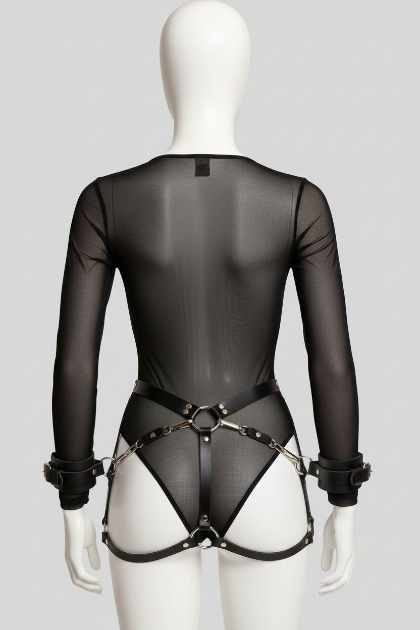 Arias Closet Arkadan ve Önden Bağlanabilir Siyah Deri Bilekli Fantezi Harness