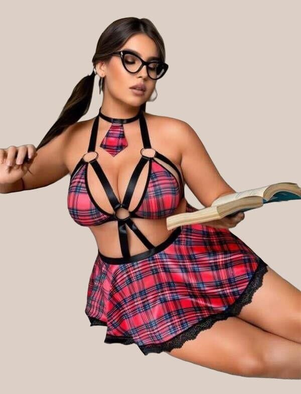 Arias Closet Büyük Beden Kravatlı Ekose Desenli Etekli Fantezi Kostüm