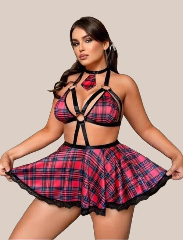 Arias Closet Büyük Beden Kravatlı Ekose Desenli Etekli Fantezi Kostüm