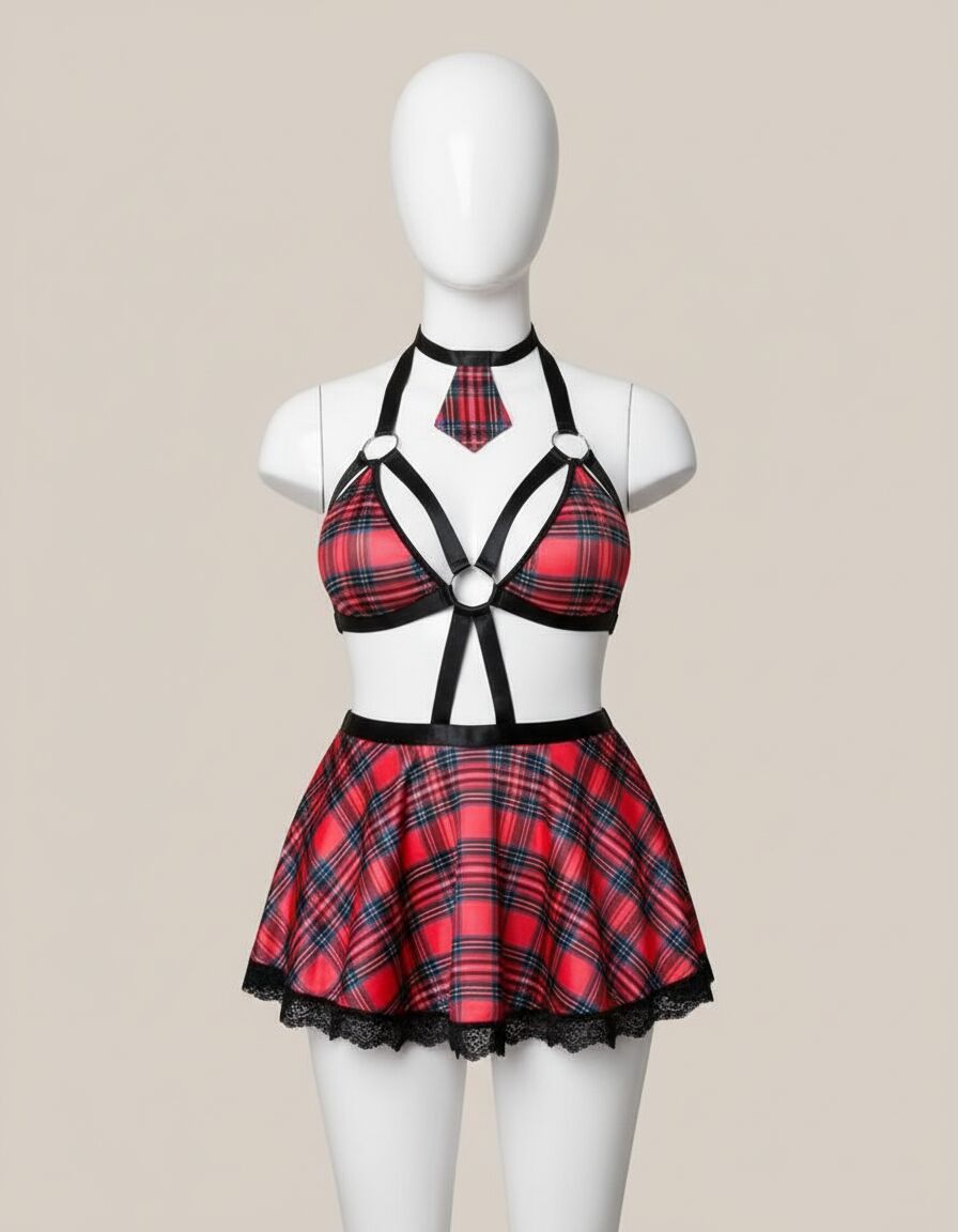 Arias Closet Büyük Beden Kravatlı Ekose Desenli Etekli Fantezi Kostüm