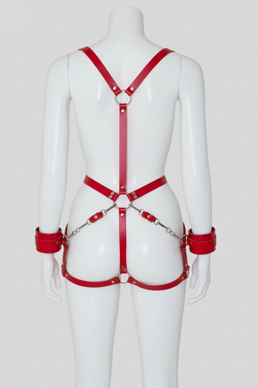 Arkadan ve Önden Bağlanabilir Kırmızı Deri Bilekli Fantezi Harness