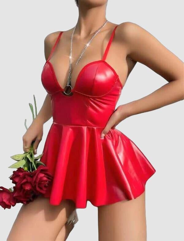 Arias Closet Kırmızı Parlak Lame Fantezi Deri Elbise