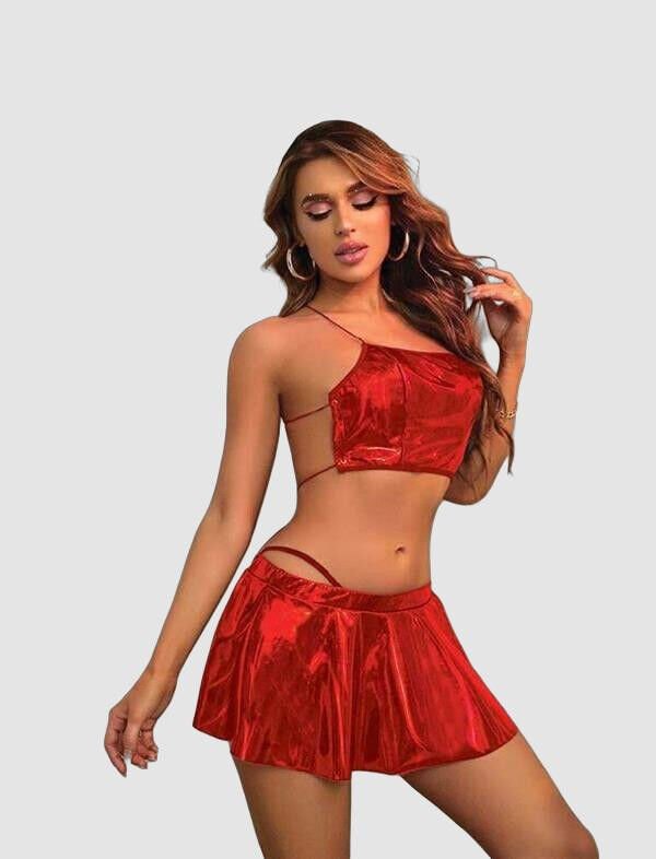 Arias Closet Kırmızı Etekli Fantezi Deri Elbise