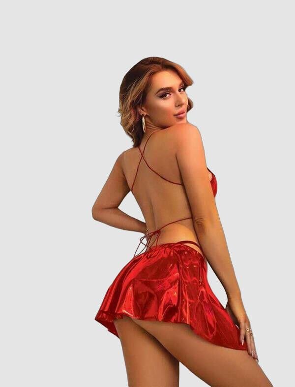 Arias Closet Kırmızı Etekli Fantezi Deri Elbise