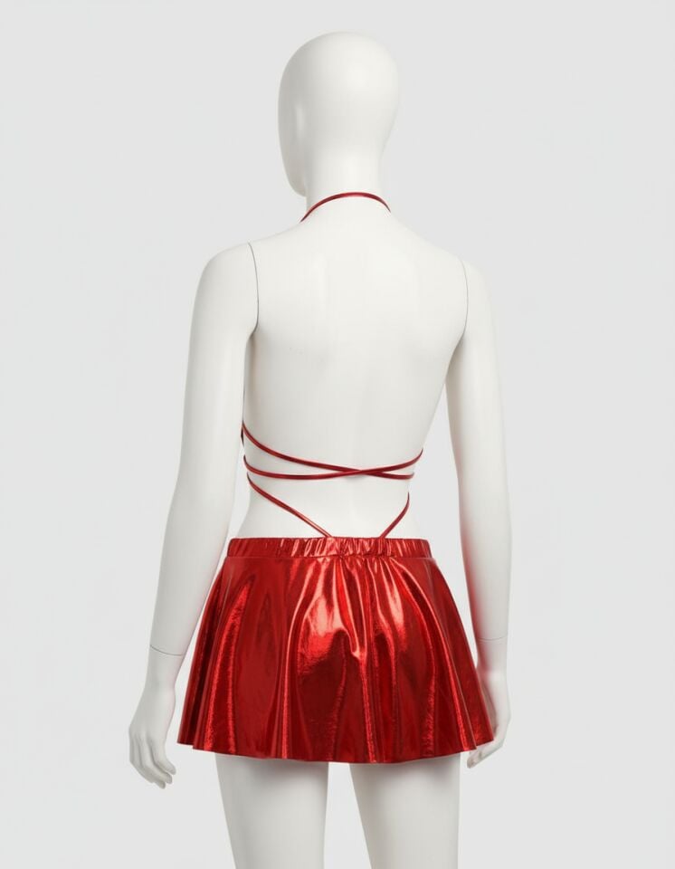 Arias Closet Kırmızı Etekli Fantezi Deri Elbise