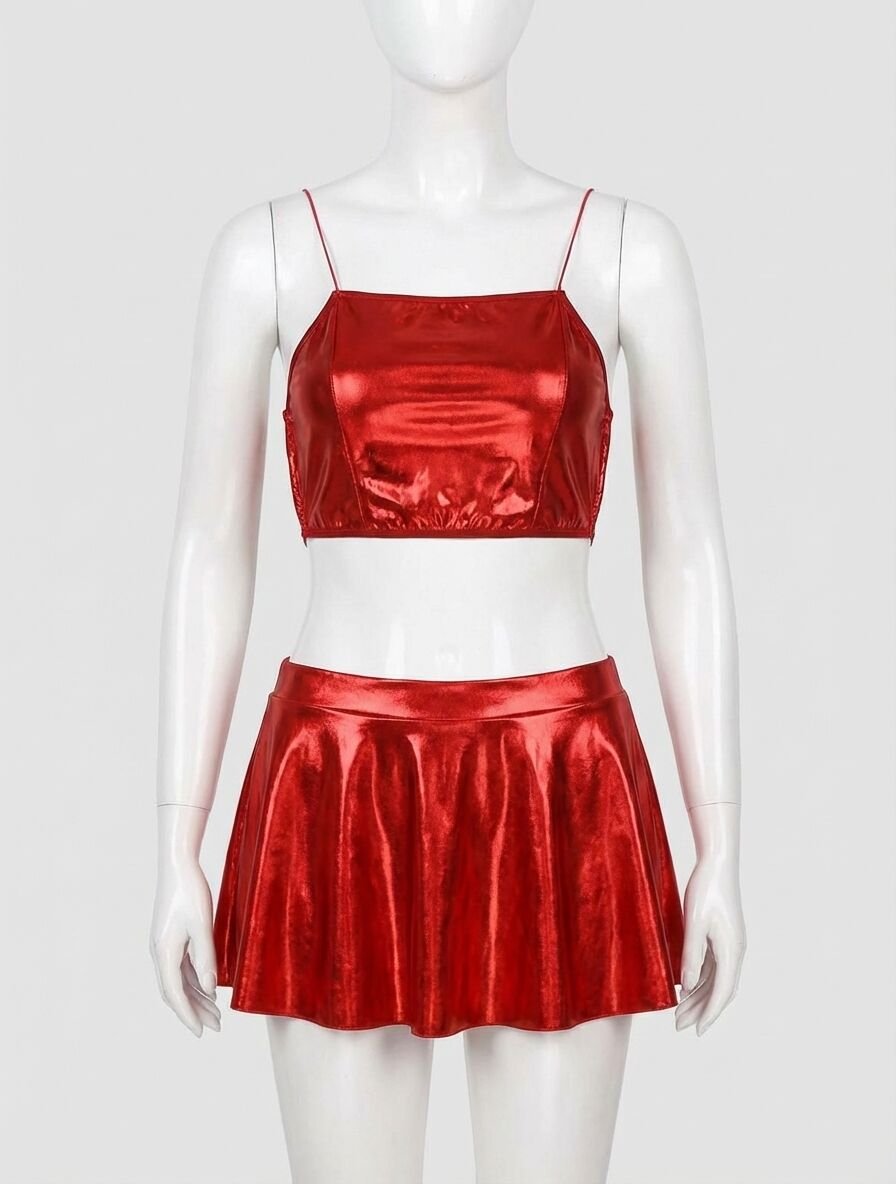 Kırmızı Etekli Fantezi Deri Elbise