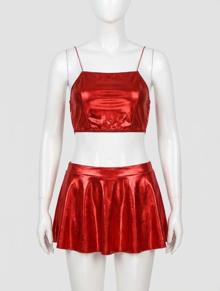 Kırmızı Etekli Fantezi Deri Elbise