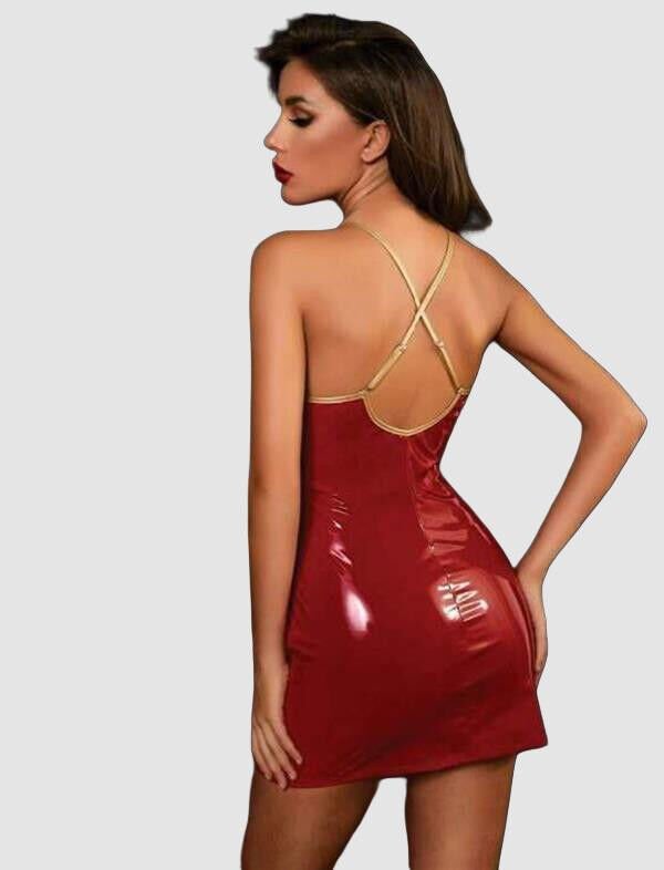 Arias Closet Kırmızı Göğüs Detay Fantezi Deri Elbise