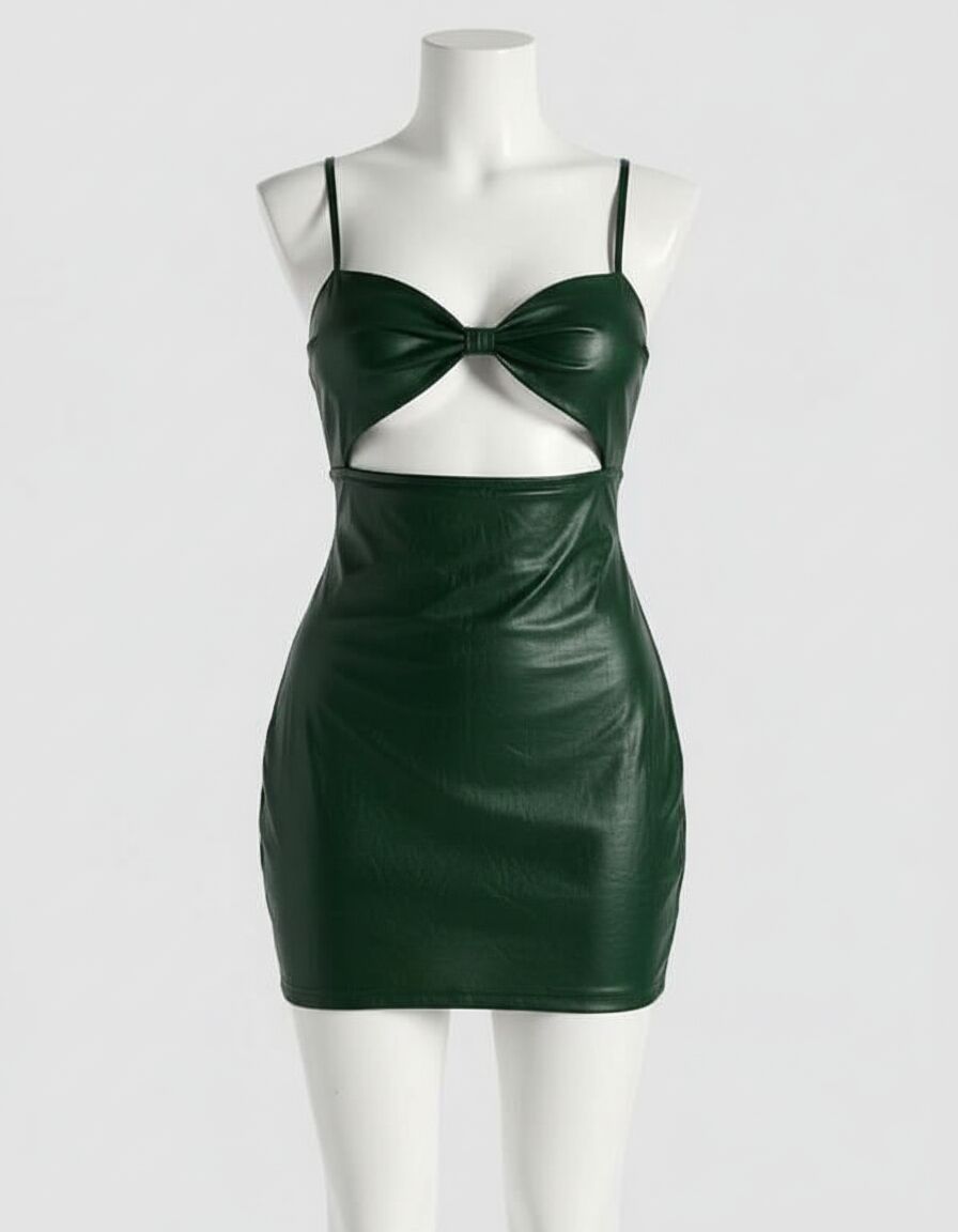 Yeşil Göğüs Dekolteli Fantezi Lame Deri Elbise