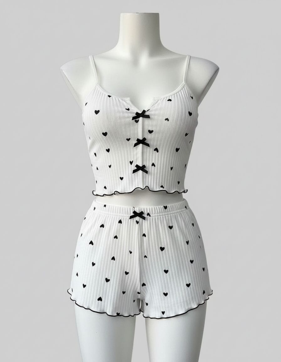 Arias Closet Beyaz Üstüne Siyah Kalp Desenli Askılı Şortlu Pijama Takımı