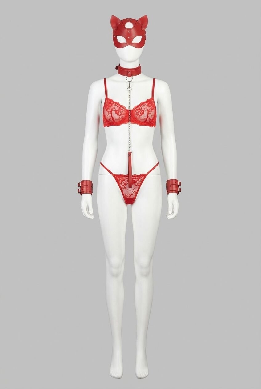 Arias Closet Kırmızı Maske, Tasma ve Kelepçe Harness Deri Set