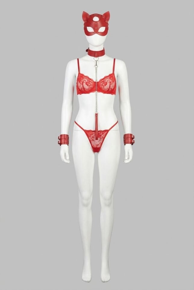 Arias Closet Kırmızı Maske, Tasma ve Kelepçe Harness Deri Set