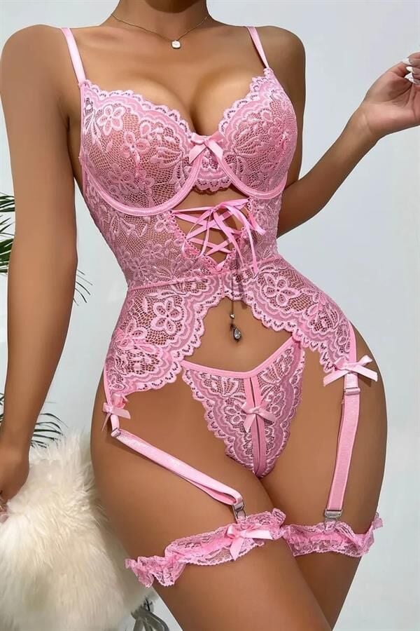 Arias Closet Özel Tasarım Dantelli Fantezi Pembe Jartiyer Takımı