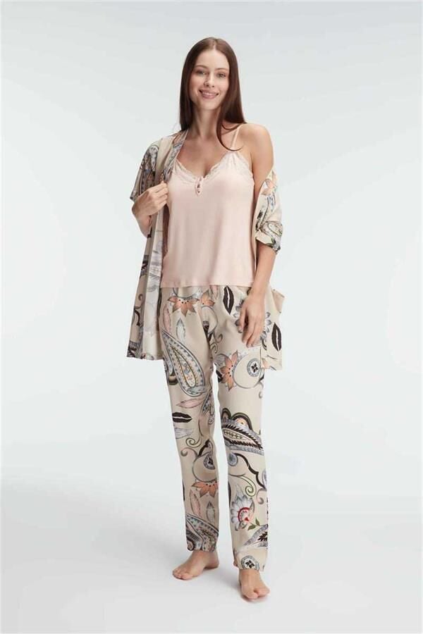 Arias Closet İp Askılı V Yaka Viskon Çiçek Desenli Yazlık Dantel Detaylı Pijama Sabahlık Takımı
