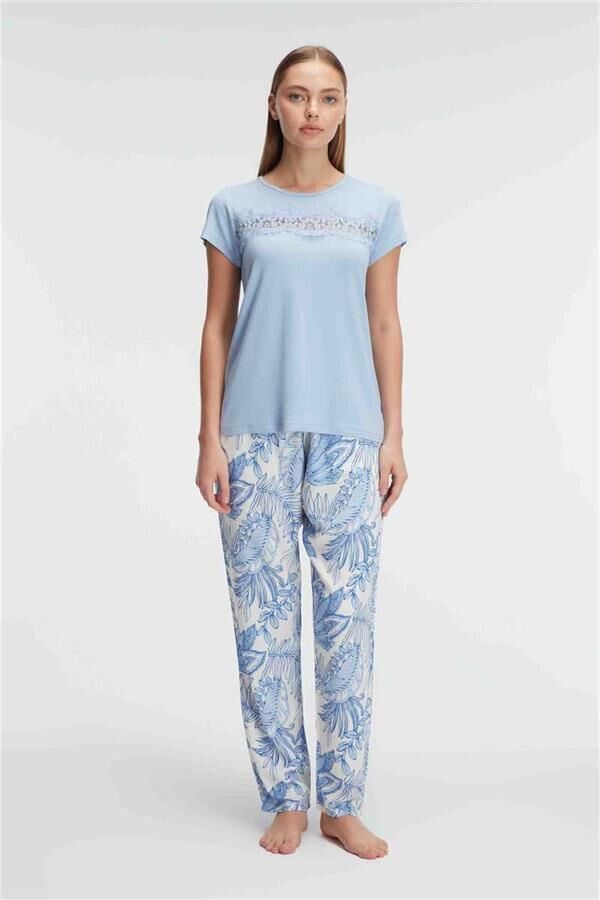 Arias Closet Kısa Kol Bisiklet Yaka Kadın Viskon Çiçek Desenli Yazlık ÖRME Dantel Detaylı Pijama Takımı