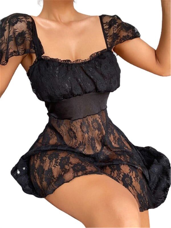 Arias Closet Alt Kısmı Tül Üst Kısmı Jarse Mini Fantazi Siyah Gecelik