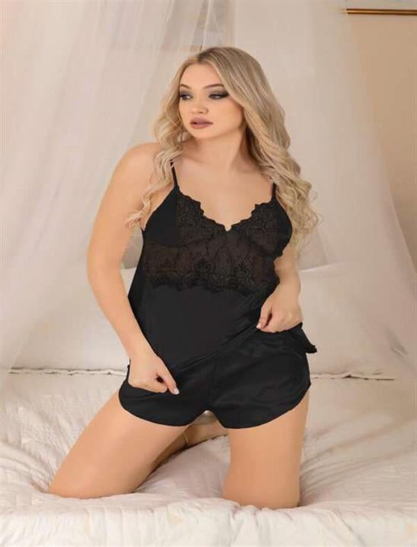 Arias Closet Siyah Dantel İşlemeli İnce Askılı Saten Şortlu Takım