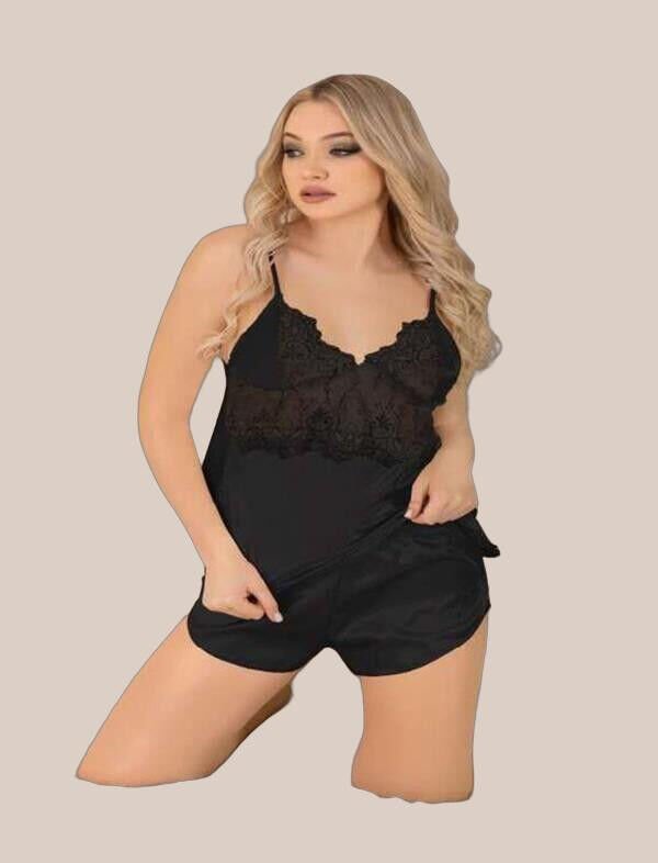 Arias Closet Siyah Dantel İşlemeli İnce Askılı Saten Şortlu Takım