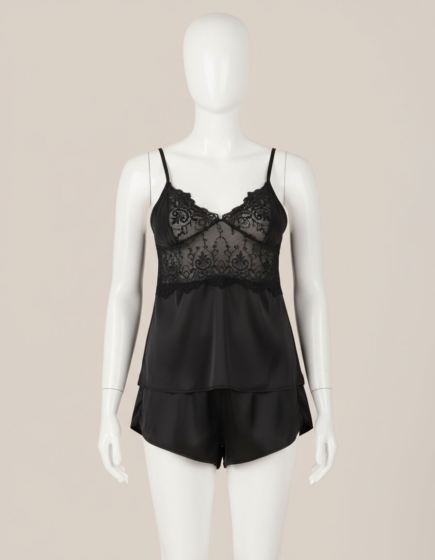 Arias Closet Siyah Dantel İşlemeli İnce Askılı Saten Şortlu Takım