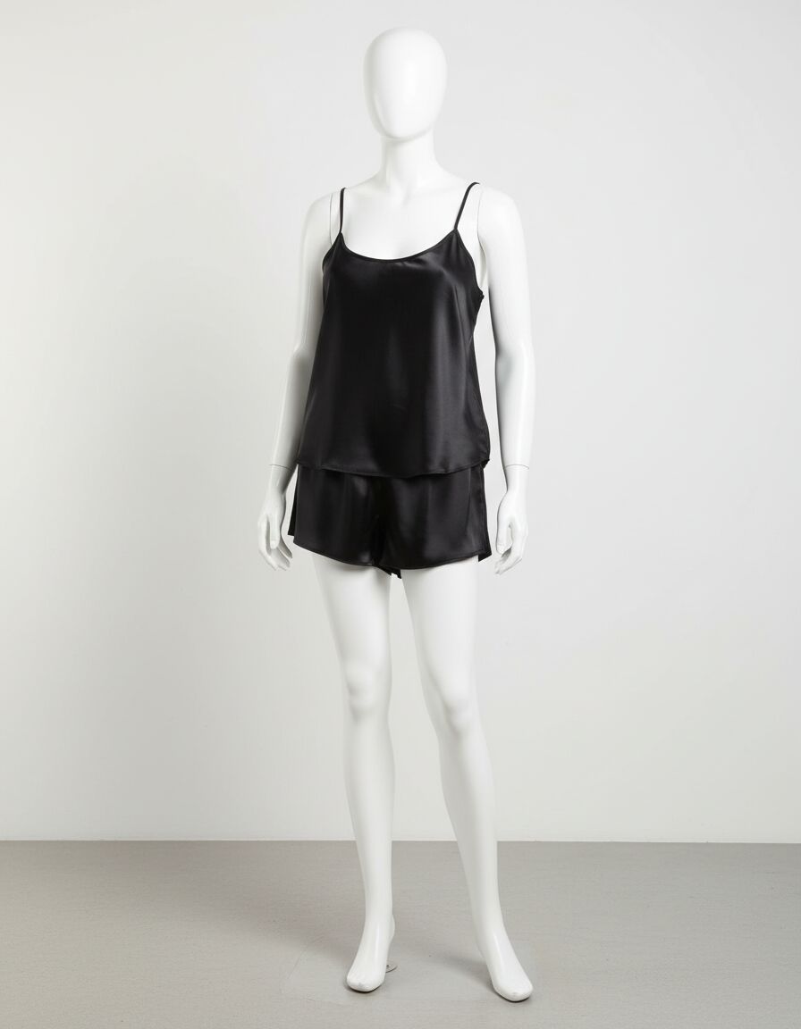 Arias Closet Siyah İnce Askılı Saten Şortlu Takım