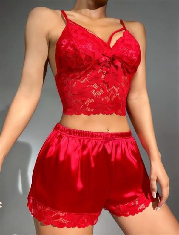 Arias Closet Kırmızı Dantelli Büstiyer İnce Askılı Saten Şortlu Takım