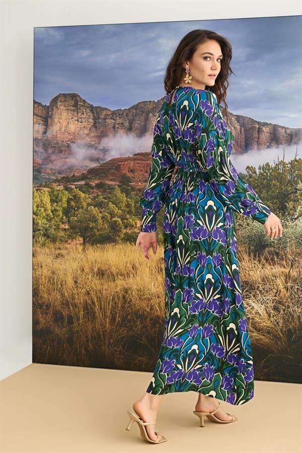 Arias Closet %100 Viskon Çiçek Desenli Truvakar Kollu Saten Elbise