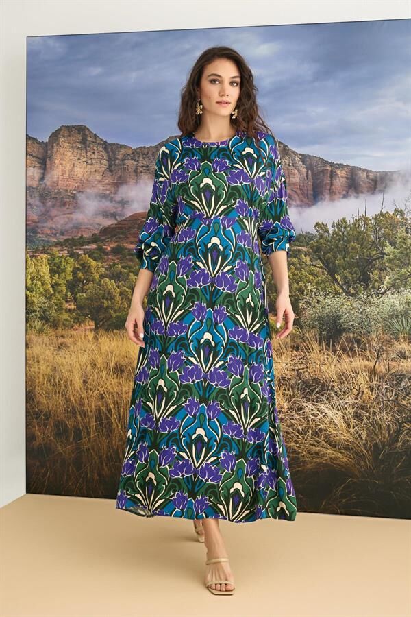 Arias Closet %100 Viskon Çiçek Desenli Truvakar Kollu Saten Elbise