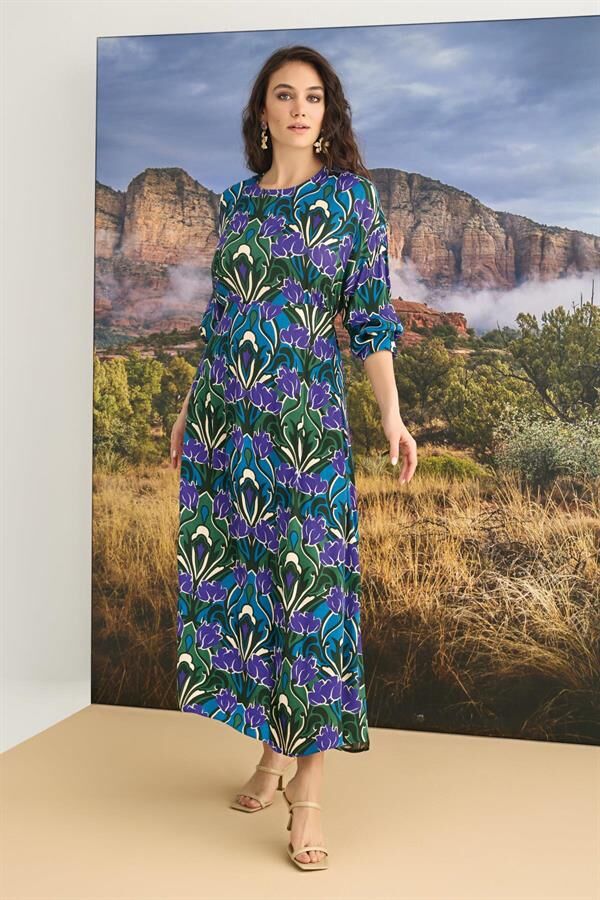 Arias Closet %100 Viskon Çiçek Desenli Truvakar Kollu Saten Elbise