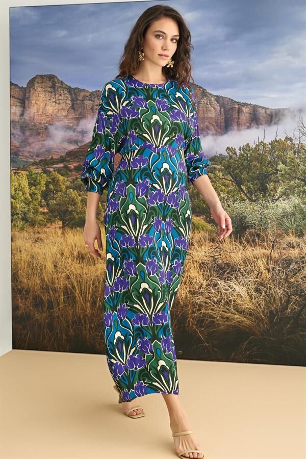 Arias Closet %100 Viskon Çiçek Desenli Truvakar Kollu Saten Elbise