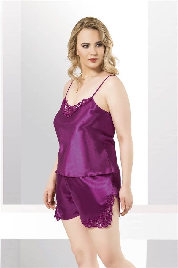 Arias Closet Büyük Beden Mor Saten Babydoll Şort Takımı