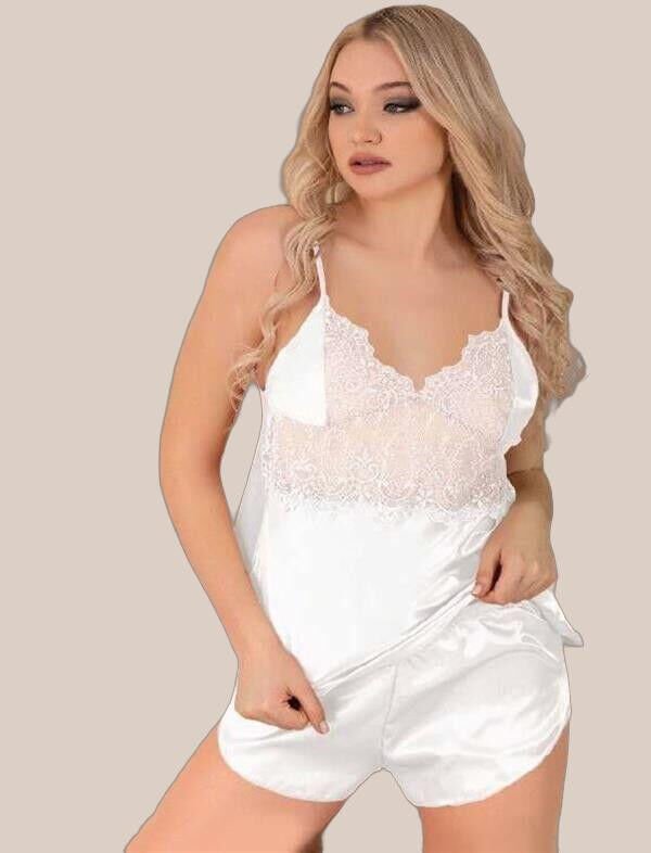 Arias Closet Beyaz Dantel İşlemeli İnce Askılı Saten Şortlu Takım