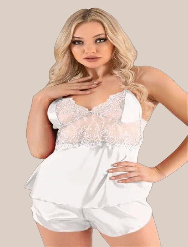 Arias Closet Beyaz Dantel İşlemeli İnce Askılı Saten Şortlu Takım