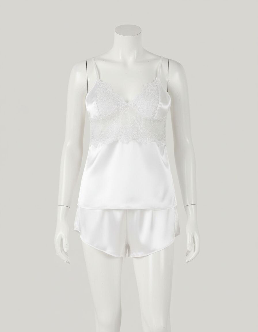 Arias Closet Beyaz Dantel İşlemeli İnce Askılı Saten Şortlu Takım