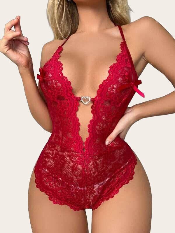 Arias Closet Metal Kalp Aksesuarlı Fantezi Dantelli Kırmızı Body