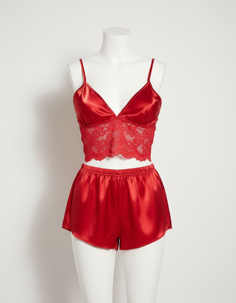 Arias Closet Kırmızı Büstiyer Dantel Detaylı İnce Askılı Saten Şortlu Takım
