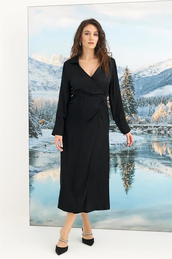 Arias Closet %100 Viskon Uzun Kollu Saten Elbise