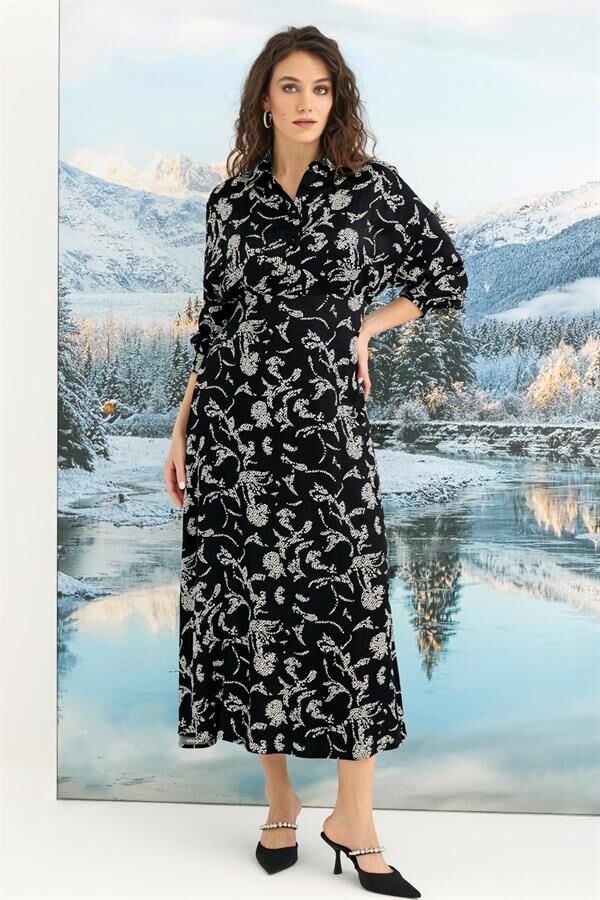 Arias Closet %100 Viskon Desenli Truvakar Kollu Saten Elbise