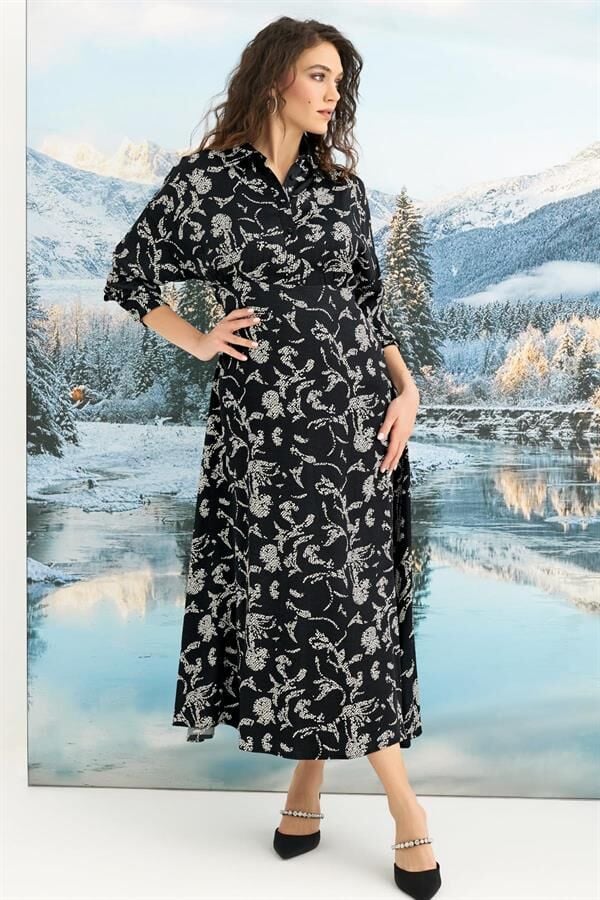 Arias Closet %100 Viskon Desenli Truvakar Kollu Saten Elbise