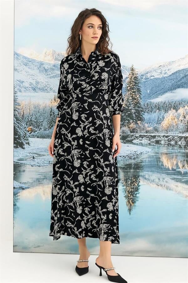 Arias Closet %100 Viskon Desenli Truvakar Kollu Saten Elbise