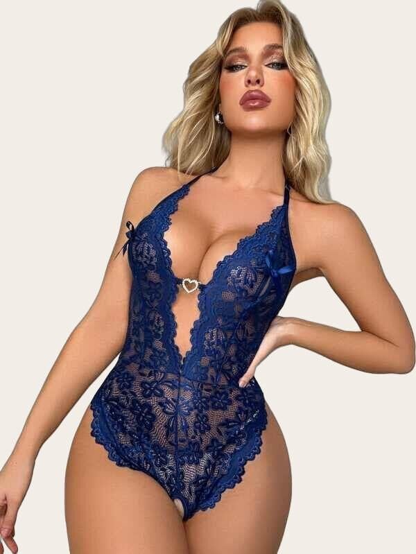 Arias Closet Metal Kalp Aksesuarlı Fantezi Dantelli Mavi Body