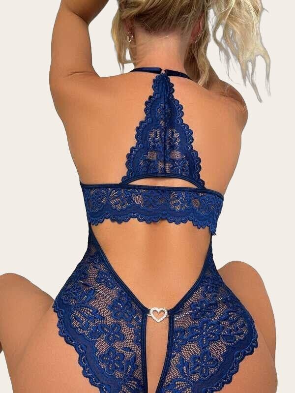 Arias Closet Metal Kalp Aksesuarlı Fantezi Dantelli Mavi Body