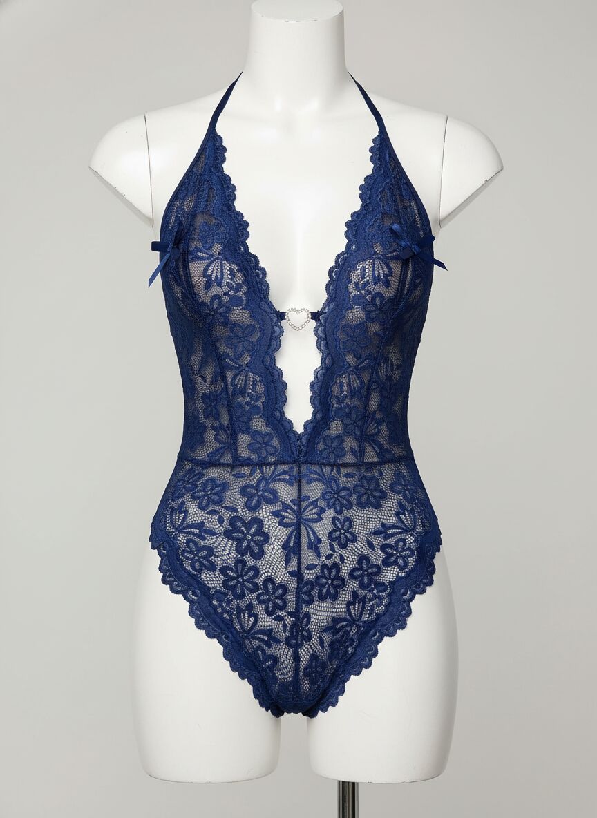 Metal Kalp Aksesuarlı Fantezi Dantelli Mavi Body