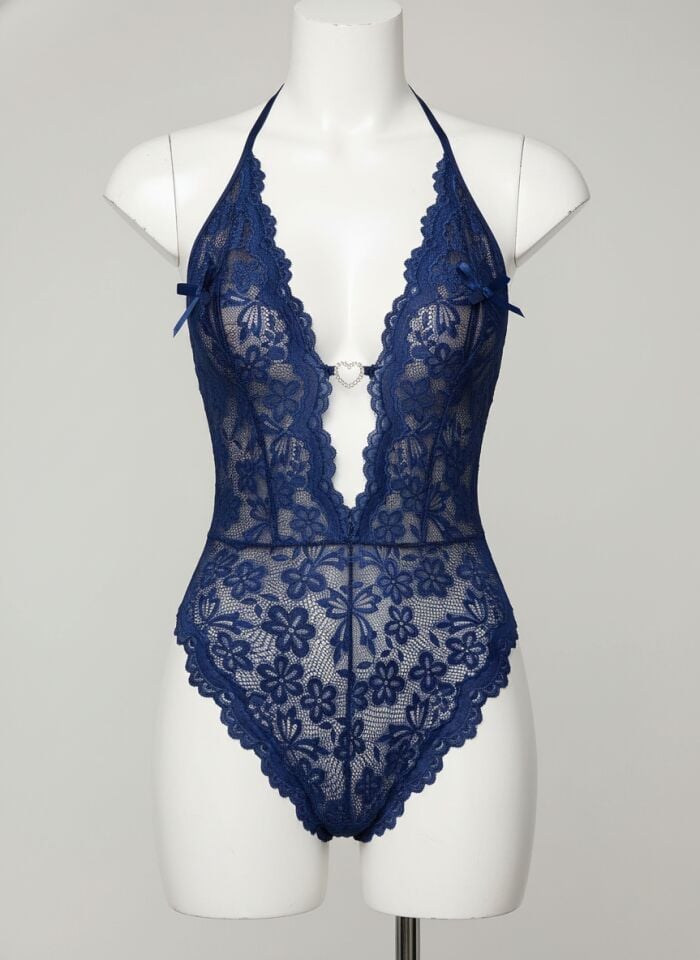 Arias Closet Metal Kalp Aksesuarlı Fantezi Dantelli Mavi Body